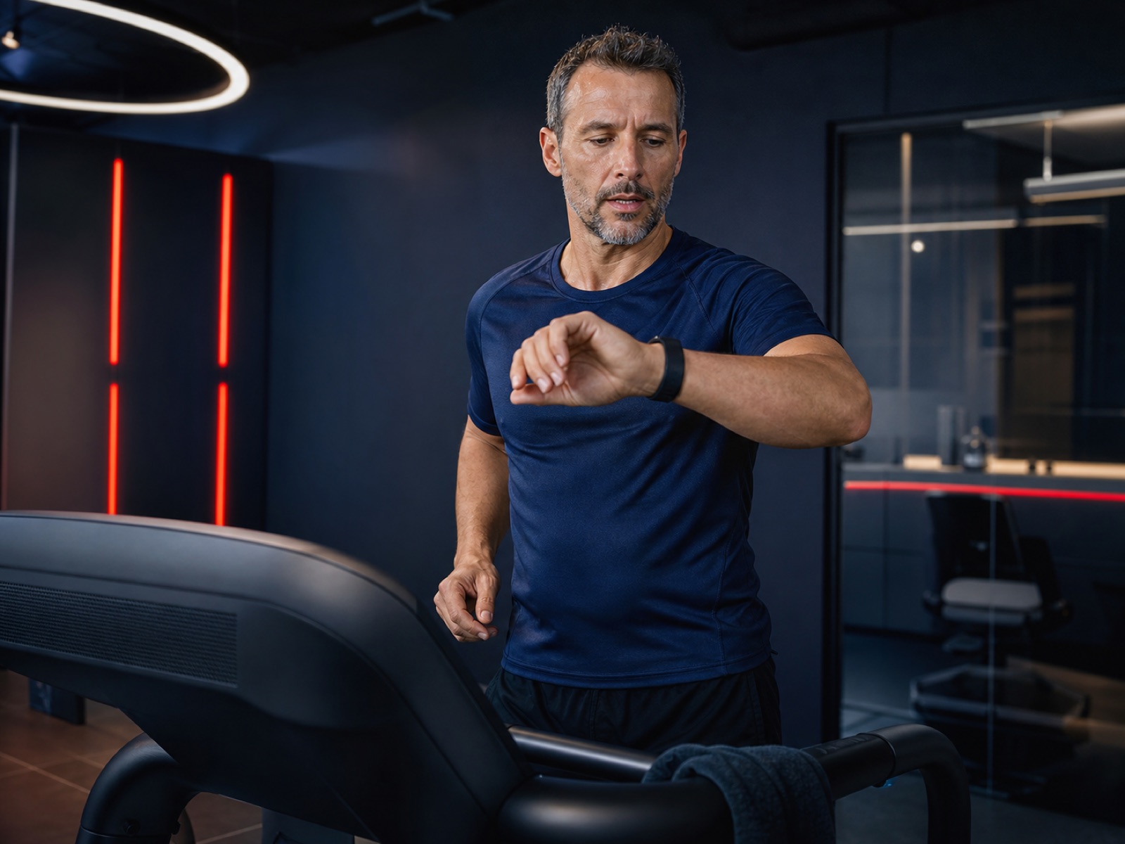 Adult man monitoring his recovery after a workout
