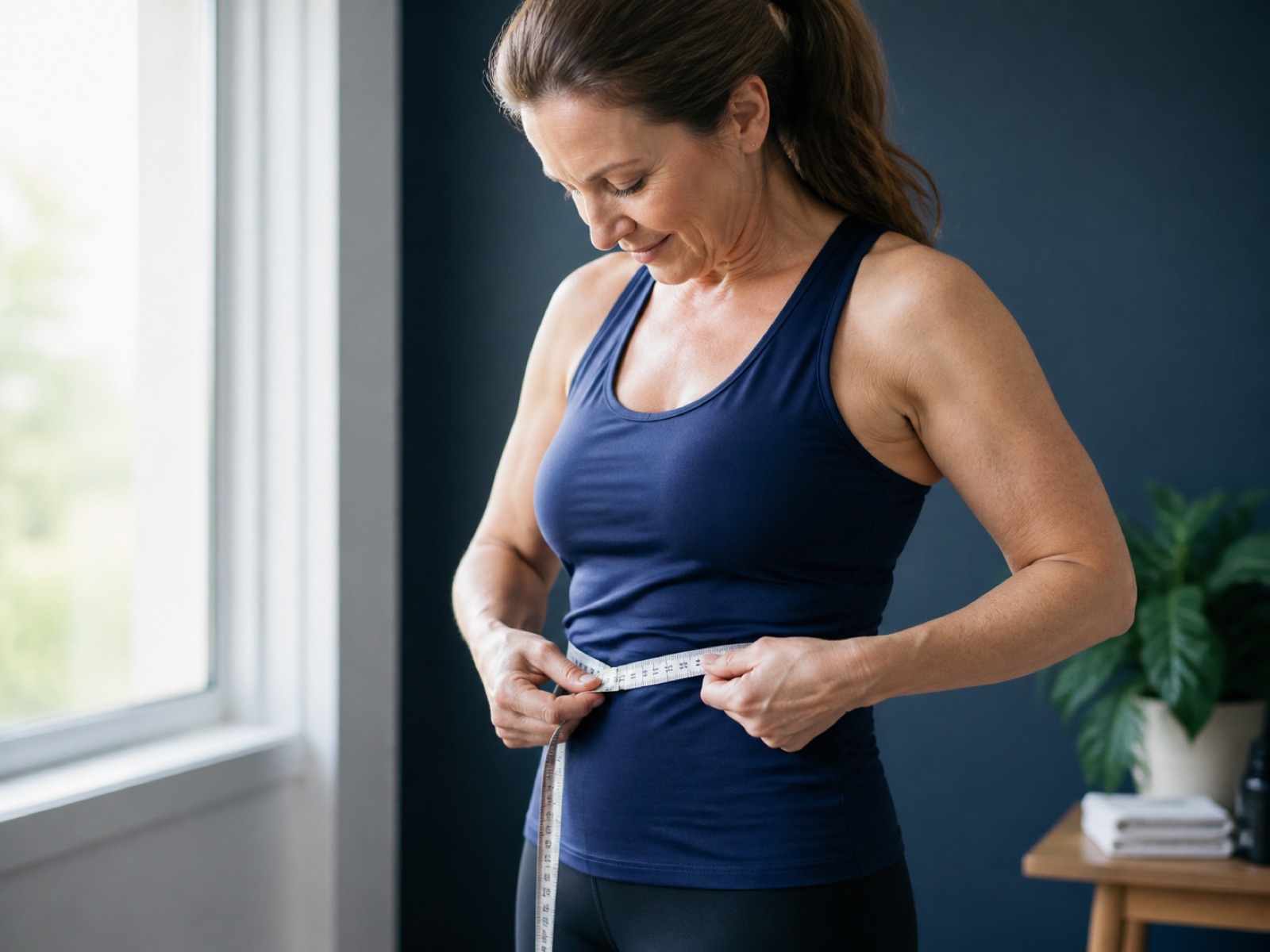 Woman measuring her waist as part of a health goal