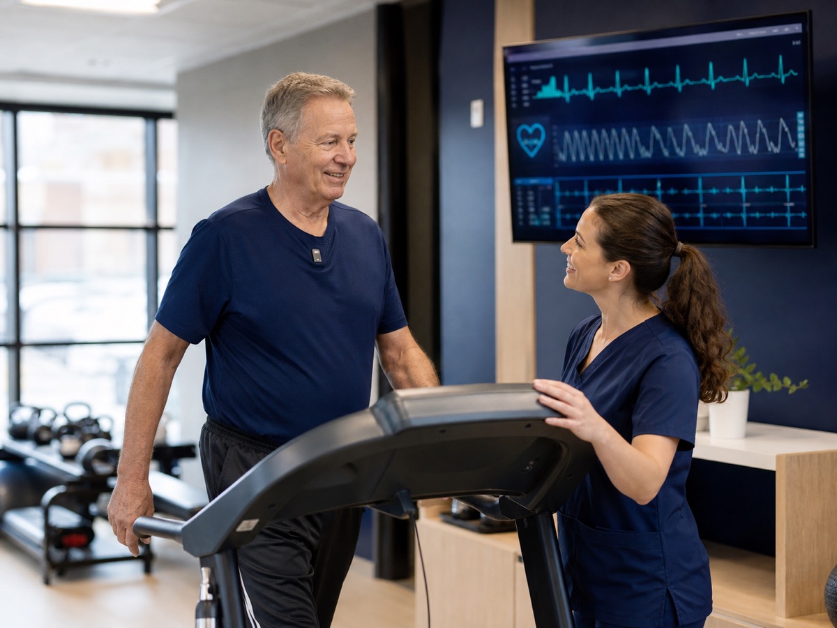 Clinician supervising a patient during cardiac rehabilitation exercise