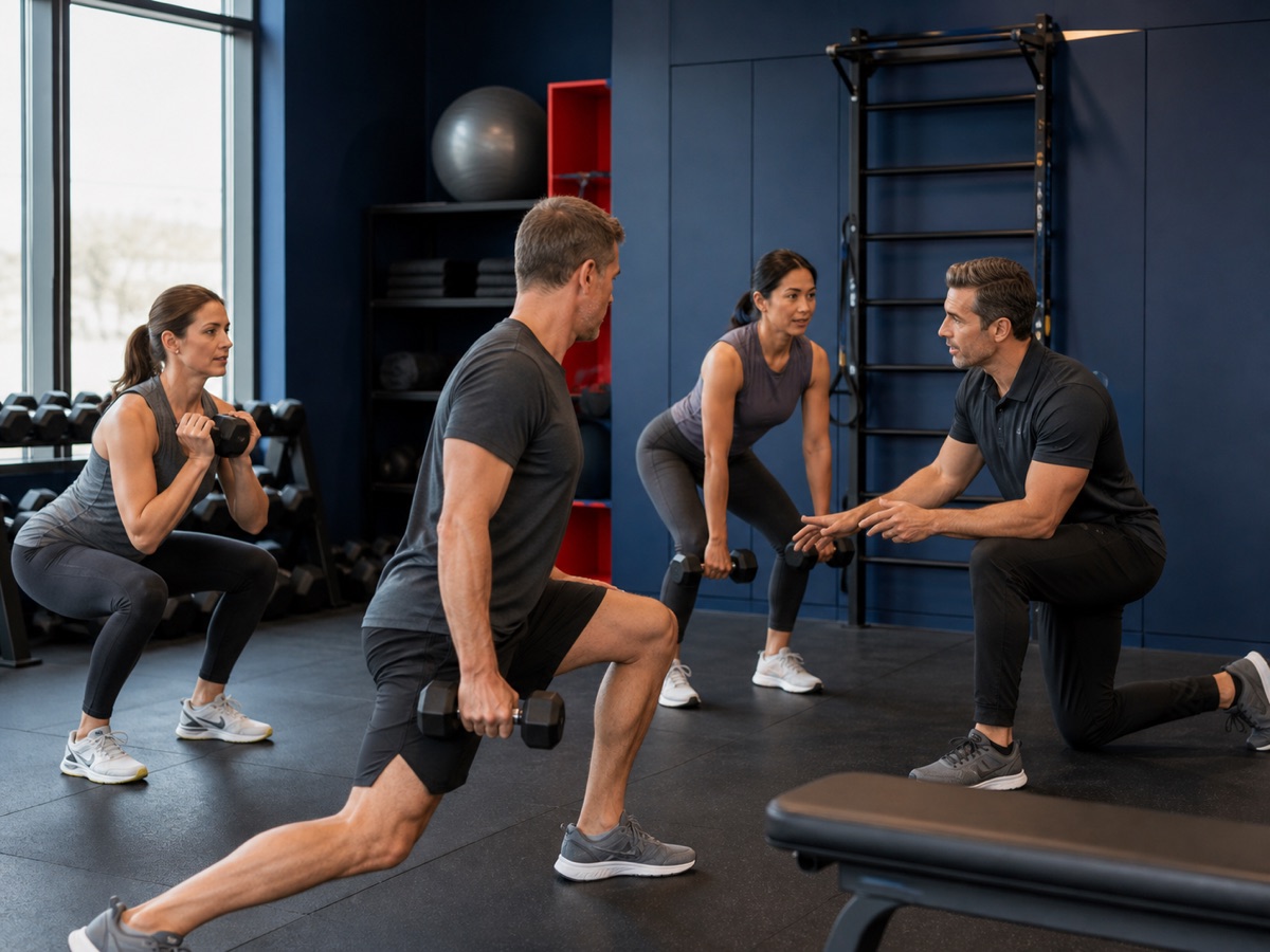 Adults participating in a guided strength and movement session