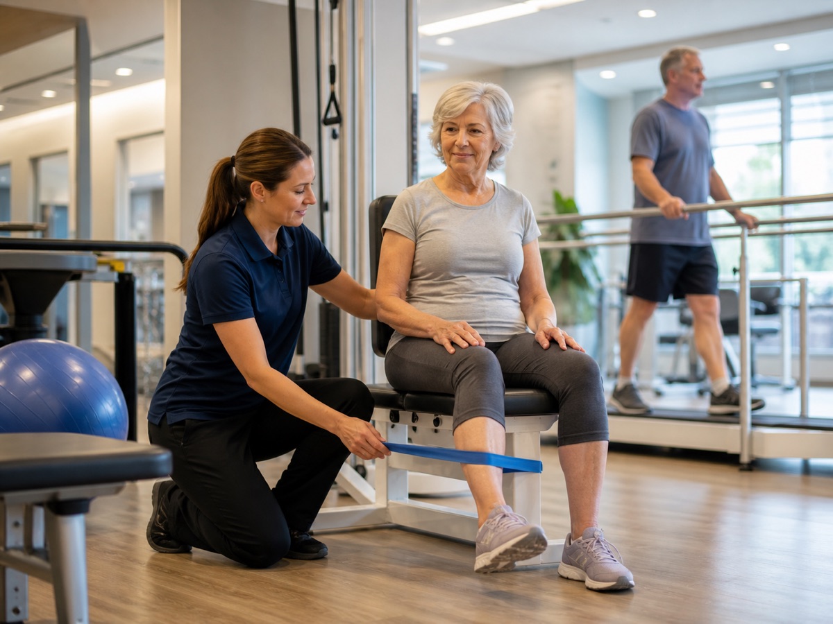 Rehabilitation aide guiding a patient through a resistance exercise
