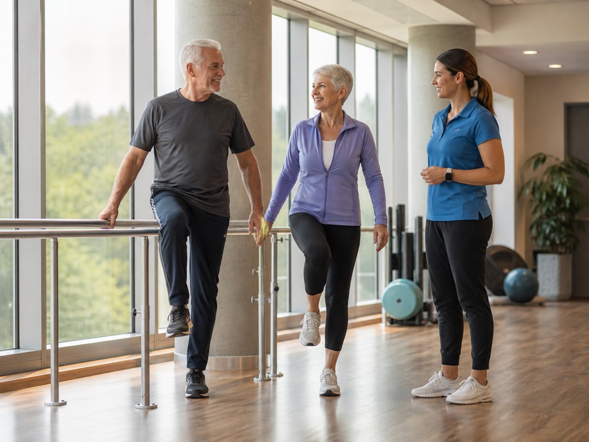 Older adults practicing balance exercises with a wellness coach