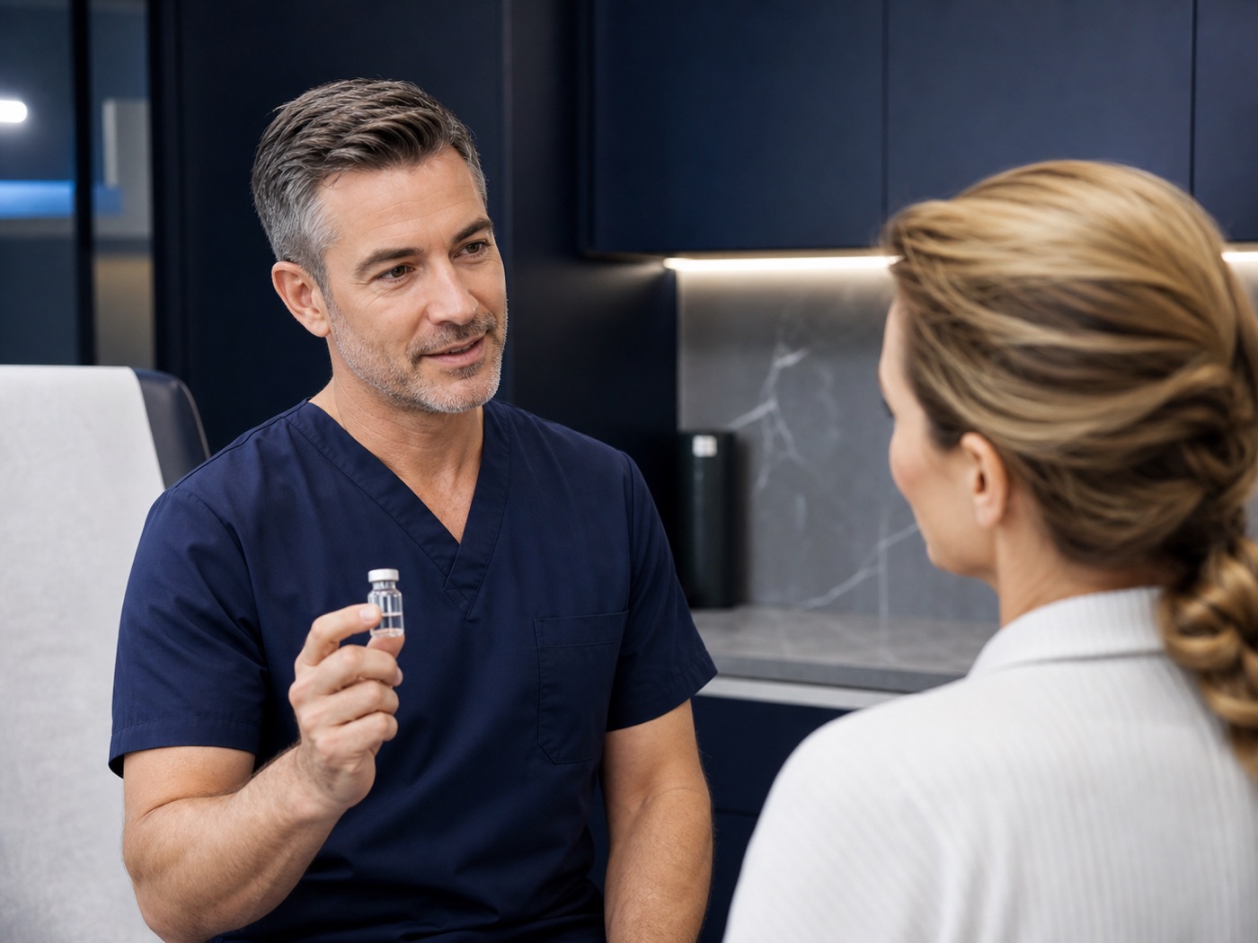 Clinician discussing an unbranded vial during a consultation