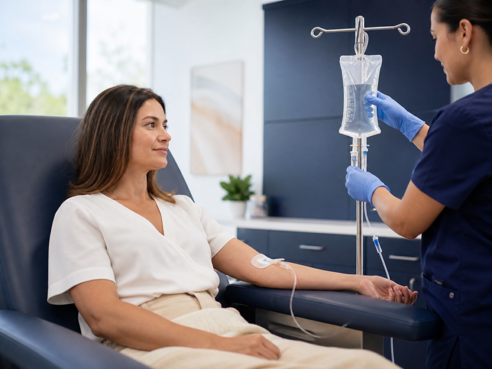 Patient receiving clinician-supervised IV hydration