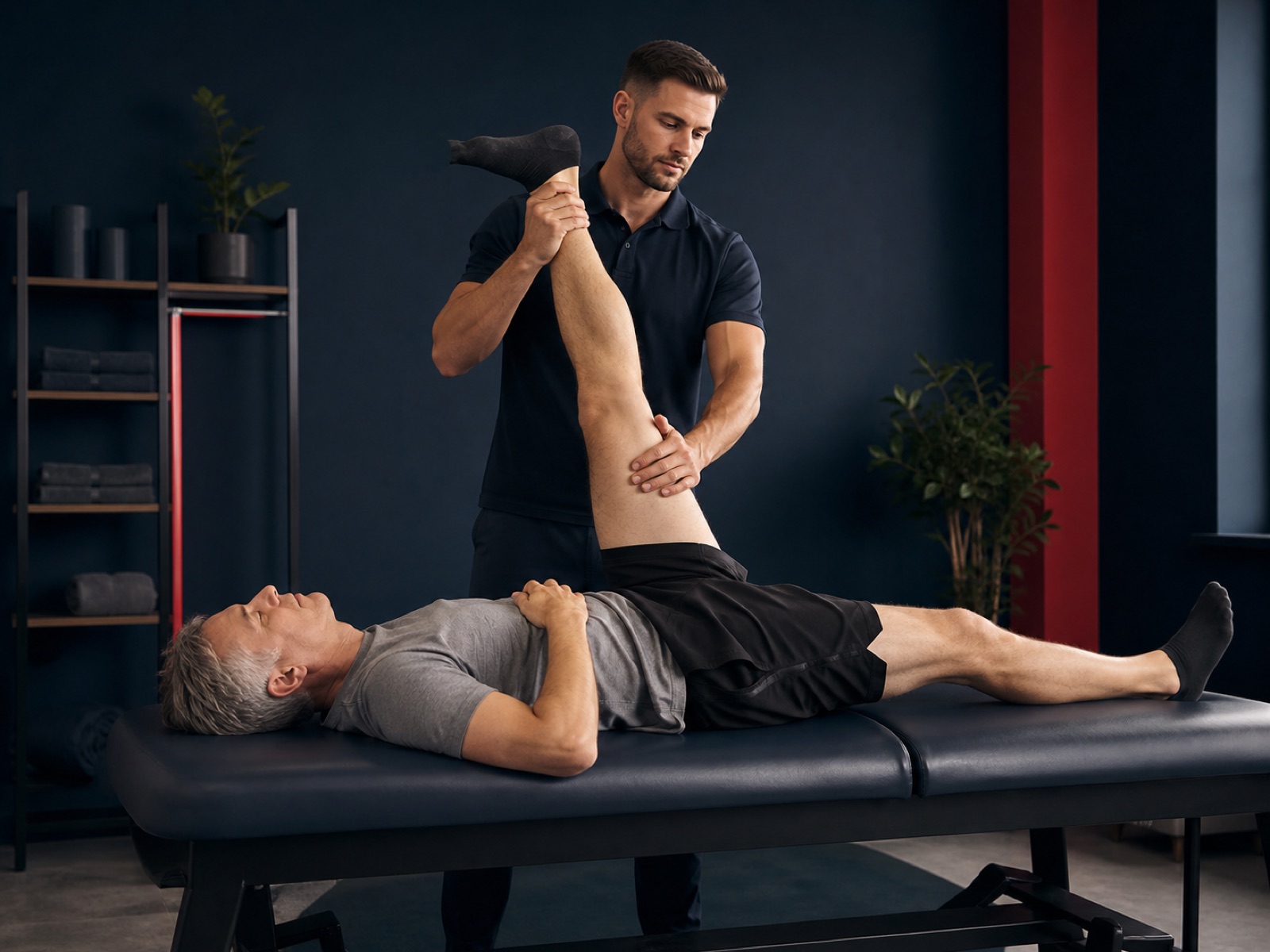 Wellness professional guiding a patient through an assisted stretch